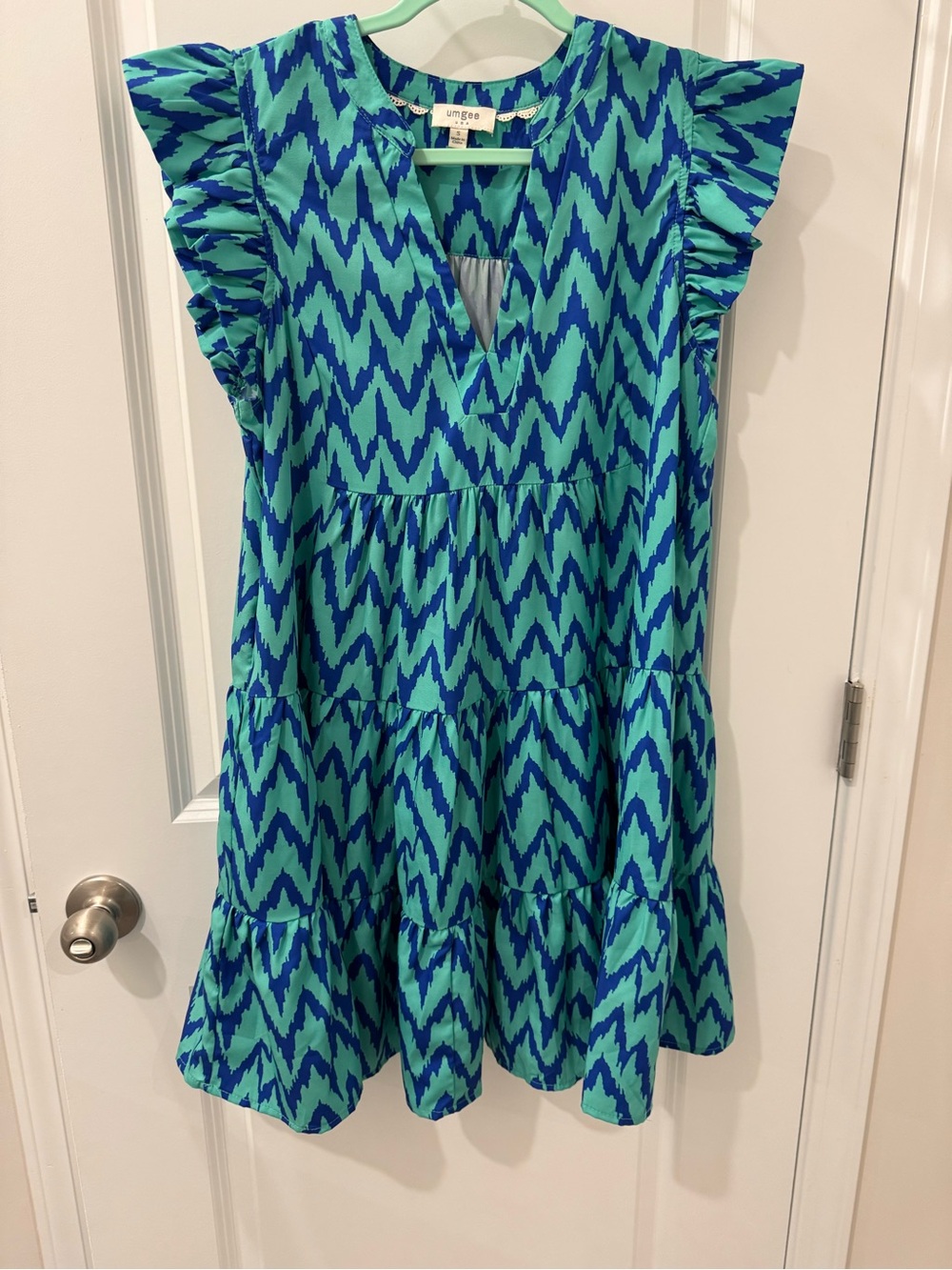 Women’s Blue & Teal Flutter-Sleeve Tiered Dress